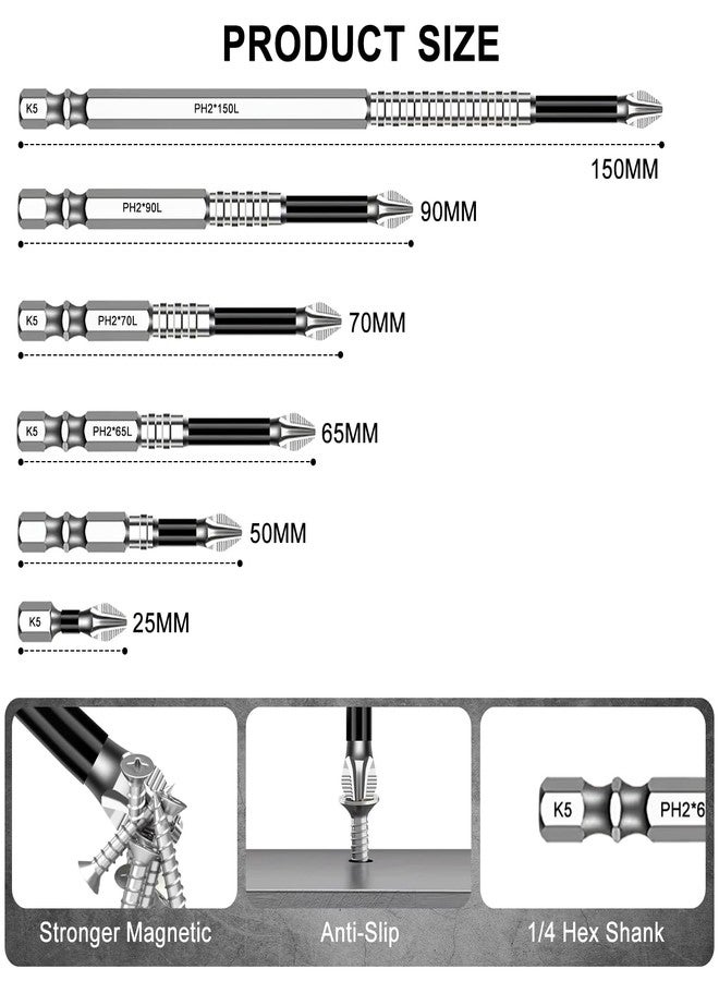CoolShef High Magnetic Screwdriver Bit Set - 6Pcs PH2 Anti Slip Drill Bits with Storage Strip | Alloy Steel Drill Bits Set for Impact Driver, Durable Power Tool Accessories - Image 2